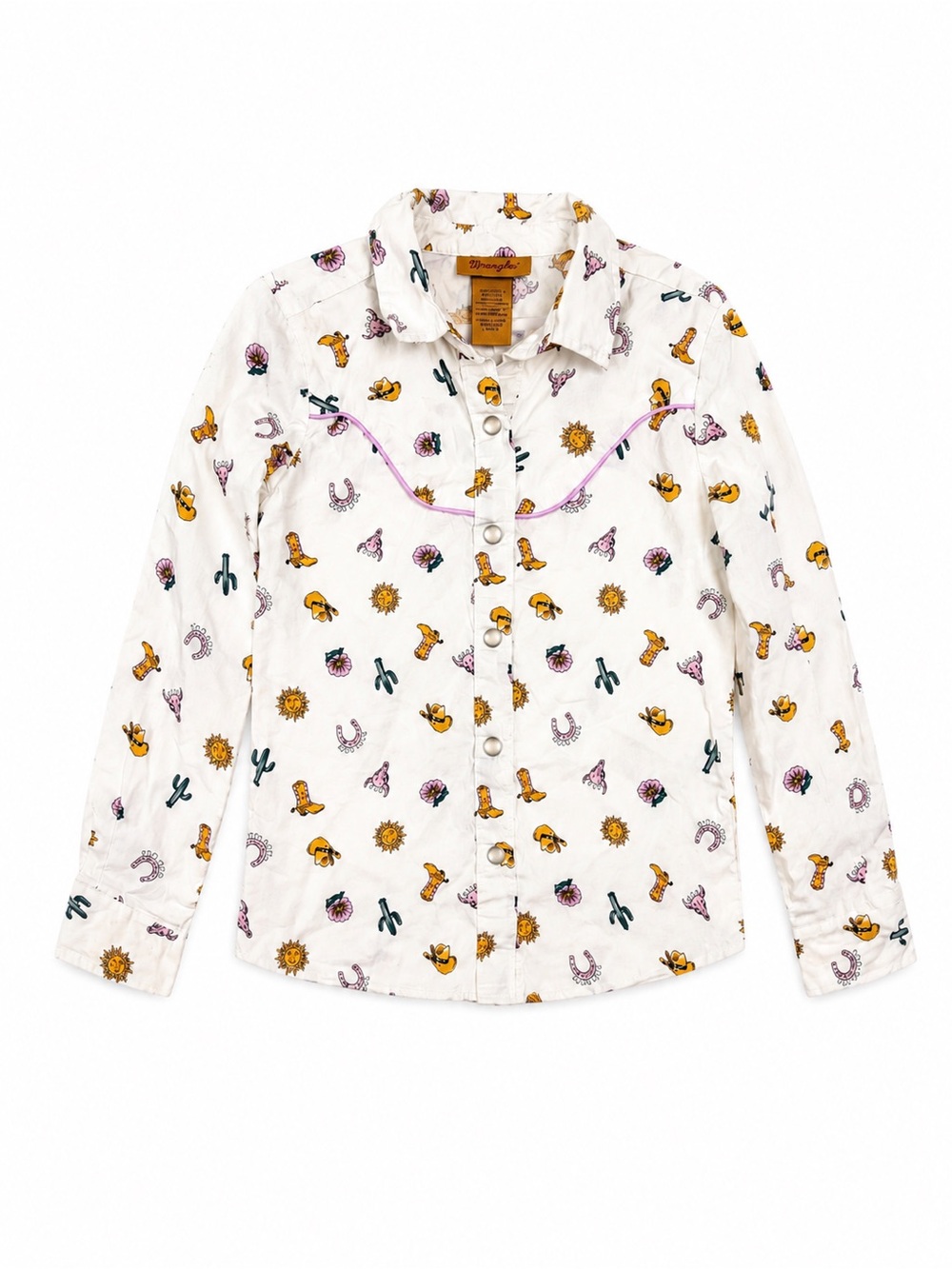 Wrangler Girls Western Pearl Snap Shirt Cowgirl Rodeo Print Small